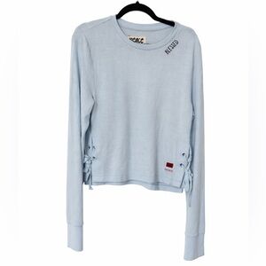 Peace Love World Blessed French Terry Side Tie Sweatshirt Blue